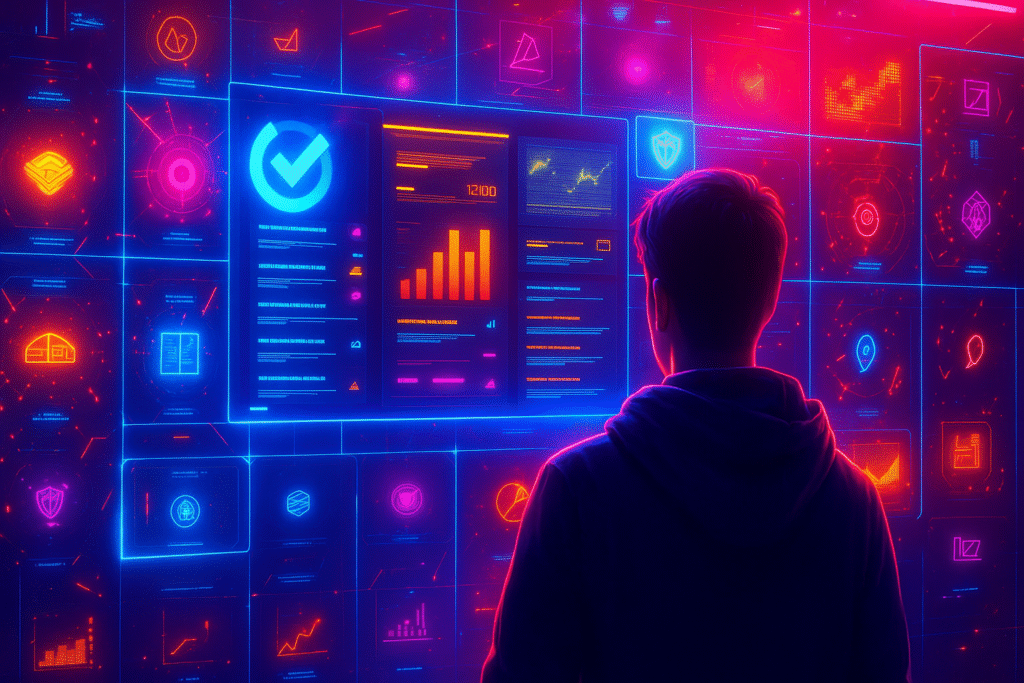 A person in a hoodie stands in front of a massive futuristic data wall glowing with neon colors. The wall displays holographic dashboards, graphs, icons, and maps in vibrant pink, blue, purple, and orange tones. The figure is silhouetted from behind, facing the high-tech cyberpunk interface.