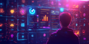 A futuristic interface displaying a glowing ranking leaderboard table list of avatars, progress meter is displayed above the person looking at the numbered list of profiles. up arrows, thumbs up, trophy, badge, achievement, epic colorful vibrant futuristic illustration