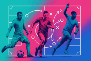clean modern editorial collage, soccer players and soccer tactics diagrams with arrows and lines