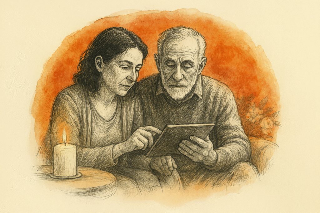 A softly lit, painterly scene of a younger woman and an older man sitting close together, gently focused on a tablet. A lit candle rests on the table beside them, and white lilies and soft blue tones suggest a quiet, reflective atmosphere - possibly planning or remembering a loved one.