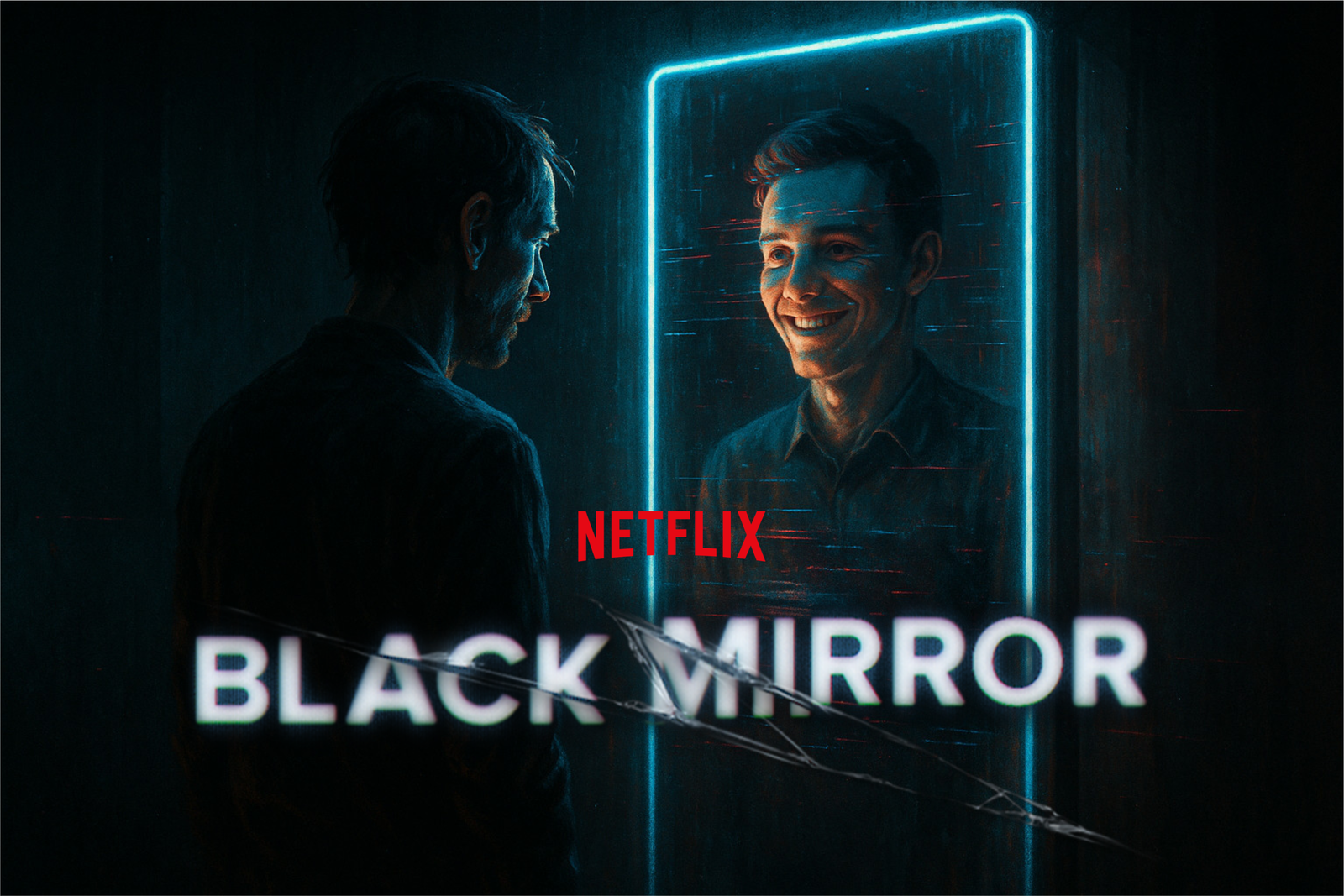 A dark cinematic poster styled like Black Mirror. A man stares into a glowing mirror where his reflection appears younger and smiling, while he looks older and worn in reality. The Netflix and Black Mirror logos are overlaid across the center.