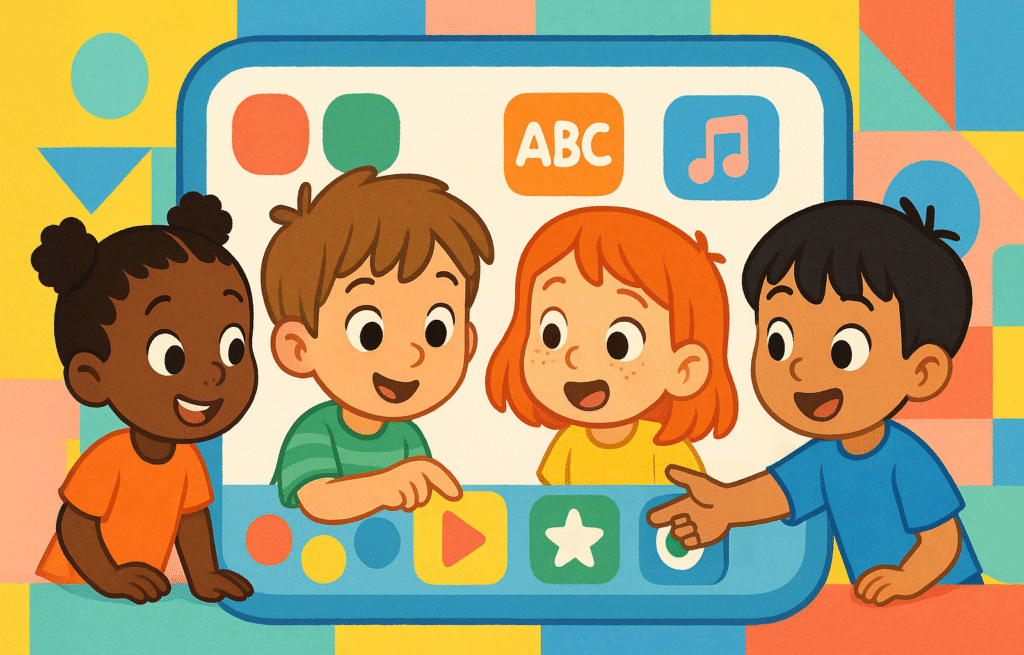 Prompt: Four young children interact with a colorful, kid-friendly digital interface filled with rounded shapes, bright buttons, and playful icons. The background features bold, geometric patterns in primary and pastel colors, evoking a fun, educational app environment.