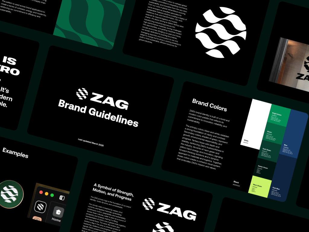 Brand Guidelines for The ZAG Group which includes a wave logo, colors, typography, and other brand elements