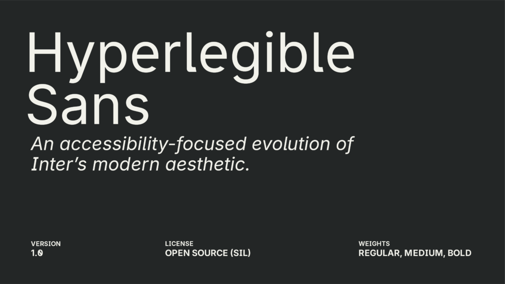 Cover image showing the name "Hyperlegible Sans" on a dark background, with supporting text describing it as an accessibility-focused evolution of Inter's modern aesthetic, including version number 1.0, open-source license, and available weights (regular, medium, bold).
