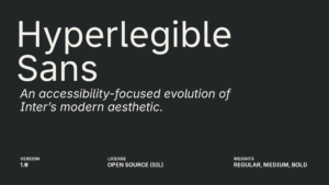 Cover image showing the name "Hyperlegible Sans" on a dark background, with supporting text describing it as an accessibility-focused evolution of Inter's modern aesthetic, including version number 1.0, open-source license, and available weights (regular, medium, bold).