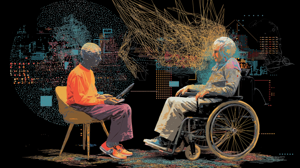 An abstract digital illustration depicting a collaborative interaction between two people against a black background. One person sits in a chair holding a tablet, while the other sits in a wheelchair facing them. Between their heads, a vibrant explosion of golden and blue lines, dots, and circuit patterns symbolizes a digital or neural connection. The style uses textured stippling and intricate linework to blend human connection with technology.