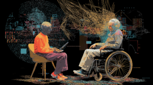 An abstract digital illustration depicting a collaborative interaction between two people against a black background. One person sits in a chair holding a tablet, while the other sits in a wheelchair facing them. Between their heads, a vibrant explosion of golden and blue lines, dots, and circuit patterns symbolizes a digital or neural connection. The style uses textured stippling and intricate linework to blend human connection with technology.