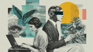 An artistic, mixed-media collage in a vintage, textured style. On the left, a woman sits at a laptop, focused on her work. Behind her, a large, detailed eye and botanical leaves are layered over a teal, textured background. On the right, a person in a suit sits back-to-back with the woman. Their head is depicted as a mechanical, robotic assembly with a black blindfold over the eyes. This figure holds a small cup against a backdrop of a large yellow sun and more botanical elements. The overall aesthetic combines a grainy, newsprint feel with modern, geometric overlays.