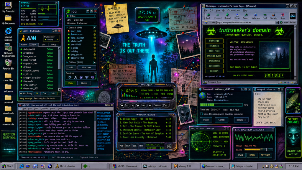 A retro Windows 2000-style desktop collage themed around UFO investigations, with AIM, ICQ, IRC, Netscape, Winamp, download windows, case-file folders, glowing green system panels, and a central wallpaper showing a UFO beam over a forest with the text "The Truth Is Out There."