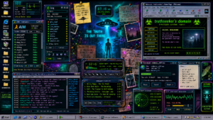 A retro Windows 2000-style desktop collage themed around UFO investigations, with AIM, ICQ, IRC, Netscape, Winamp, download windows, case-file folders, glowing green system panels, and a central wallpaper showing a UFO beam over a forest with the text "The Truth Is Out There."