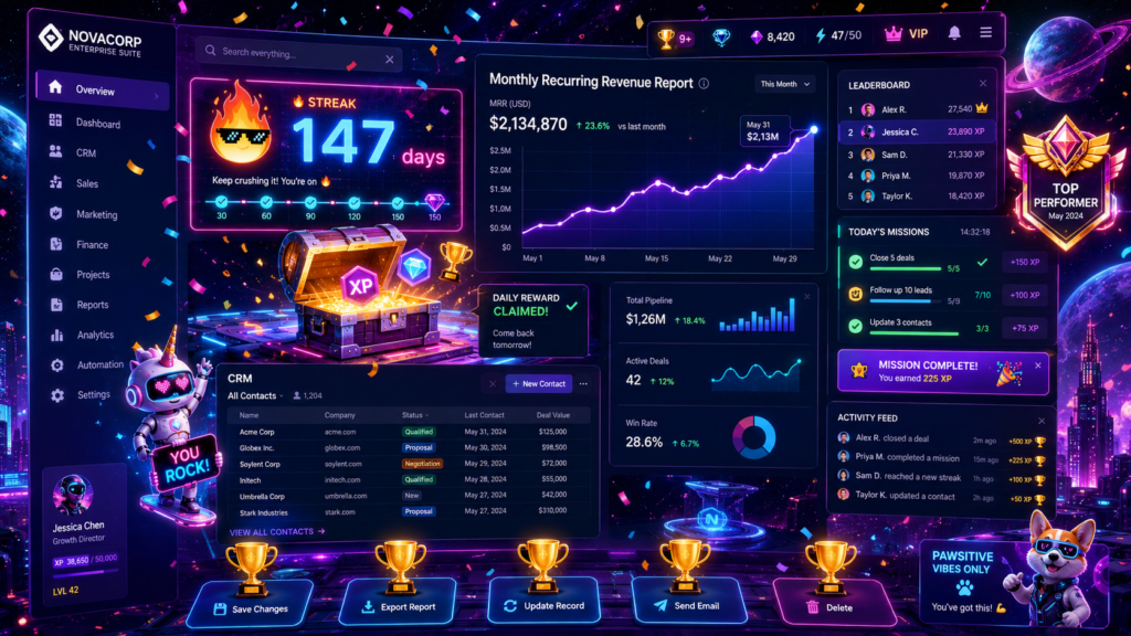Futuristic enterprise SaaS dashboard floating in space, overloaded with gamification elements including a 147-day streak counter, reward chest, trophies, confetti, leaderboards, missions, XP, and badges around routine CRM and revenue-reporting panels.