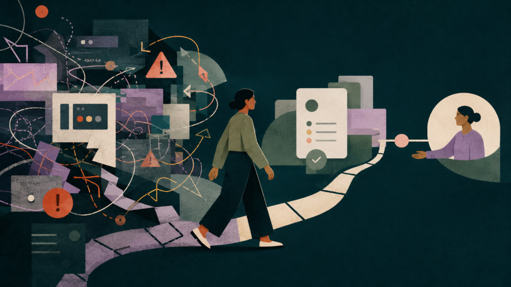Editorial cut-paper illustration of a person walking from tangled interface panels and warning symbols toward a clear path, simplified screen, and person offering help.
