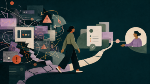 Editorial cut-paper illustration of a person walking from tangled interface panels and warning symbols toward a clear path, simplified screen, and person offering help.